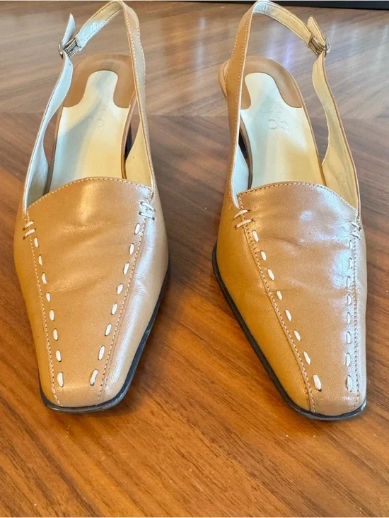 Franco Sarto Slingback Heels Tan Leather Square Toe Size 8 Chic - Picture 13 of 13